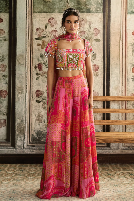 YELLOW-FUSCHIA  PRINT AND HIGHLIGHTED  SHARARA SET