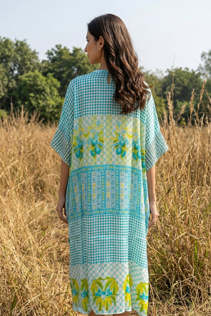 Printed Aqua Green Chiffon Kaftan