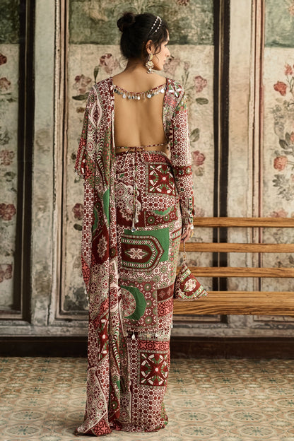 SAGE-MAROON PRINT AND HIGHLIGHTED  DHOTI SAREE SET