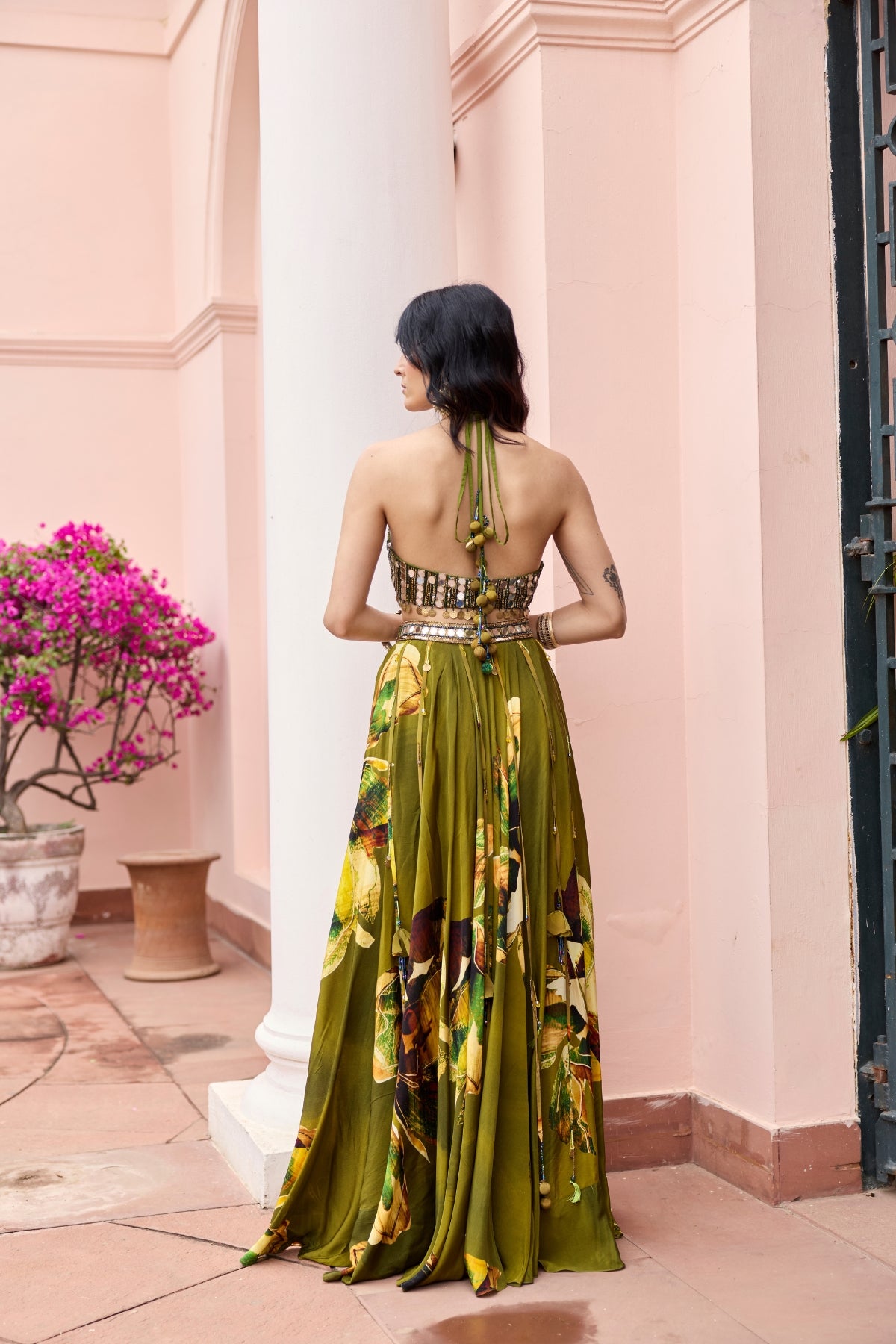 MATCHA GREEN FLORAL TASSELED LEHENGA SET