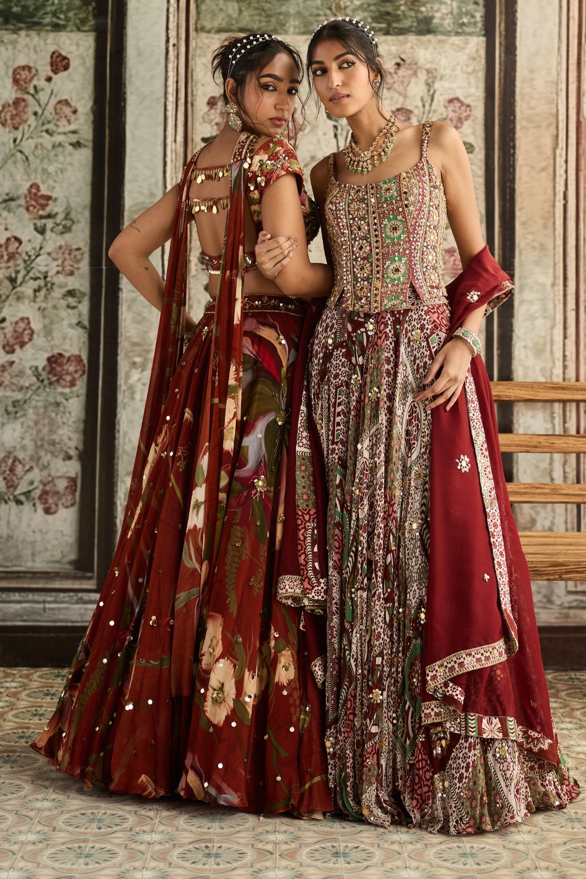 SAGE-MAROON PRINT AND HIGHLIGHTED CORSET BLOUSE LEHENGA SET