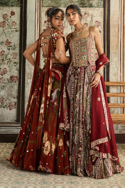 SAGE-MAROON PRINT AND HIGHLIGHTED CORSET BLOUSE LEHENGA SET