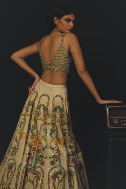 Beige Linen Satin & Tussar Lehenga Set