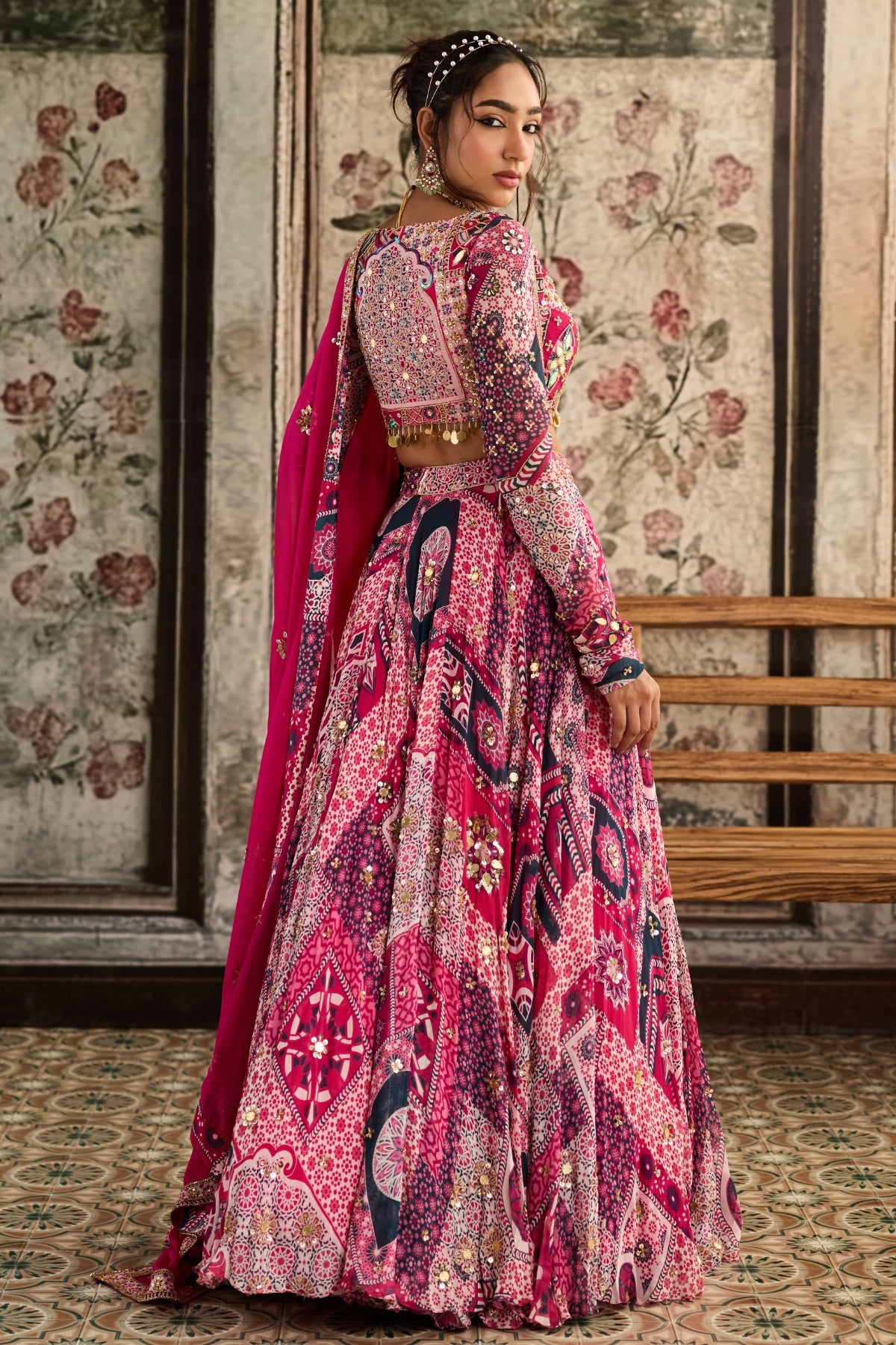 FUSCHIA PRINT AND HIGHLIGHTED ANGRAKHA BLOUSE LEHENGA SET