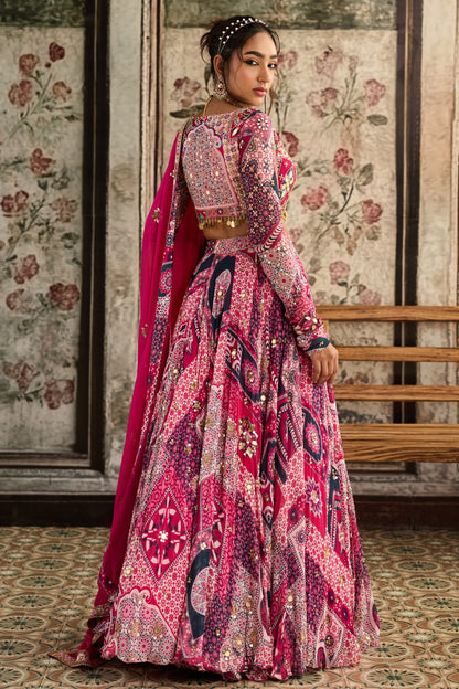 FUSCHIA PRINT AND HIGHLIGHTED ANGRAKHA BLOUSE LEHENGA SET