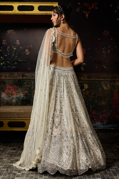 IVORY FULLY EMBROIDERED SCALLOP LEHENGA SET