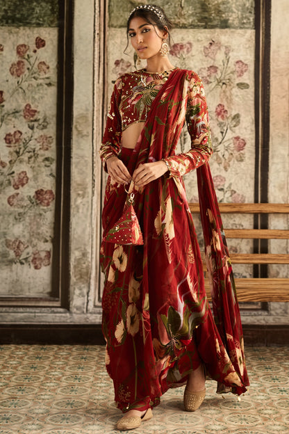 RED FLORAL PRINTED SKIRT SAREE SET