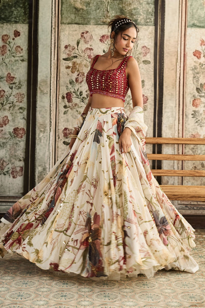 IVORY FLORAL PRINT AND HIGHLIGHTED LEHENGA SET