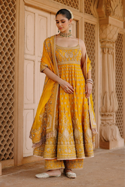 Afraa - Mustard Anarkali Set with Palazzo & Dupatta