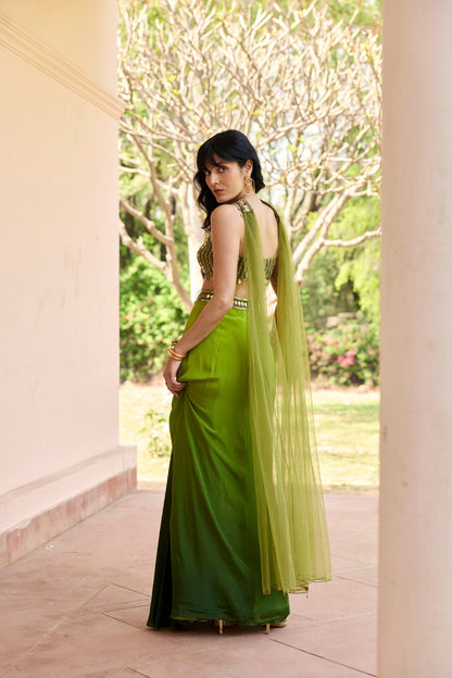 ALGAE GREEN OMBRE DHOTI SKIRT SET