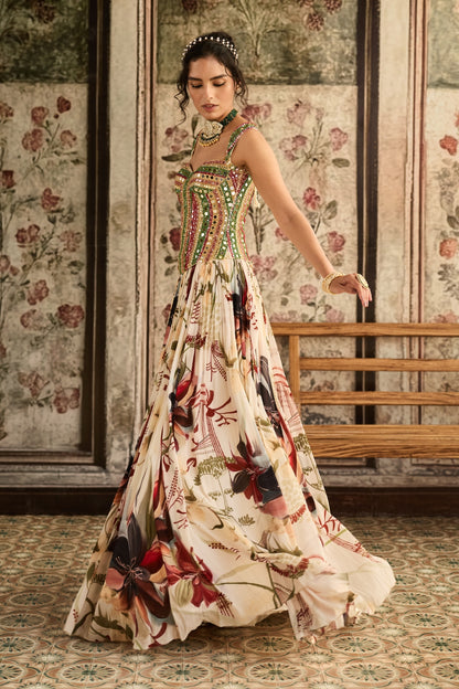 IVORY FLORAL PRINTED LEHENGA SET
