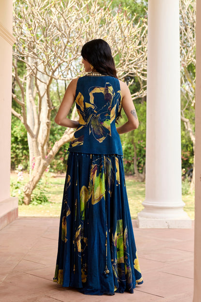 NAVYGOLD FLORAL PRINTED LEHENGA SET
