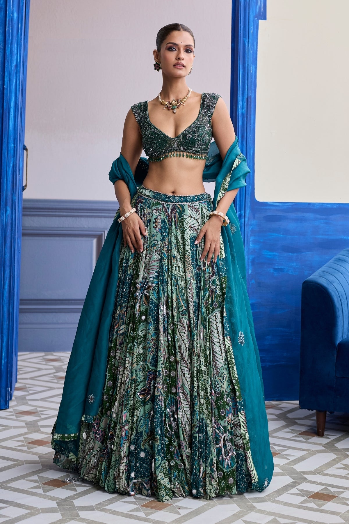 GREEN WAVE EMBROIDERED BLOUSE WITH PRINT HIGHLIGHTS & SOLID DUPATTA SET