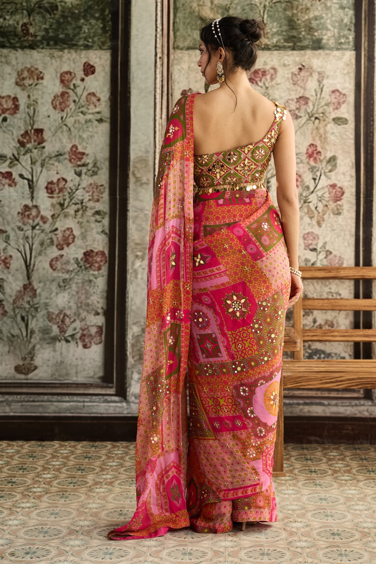 SAGE BUTTA PRINT AND HIGHLIGHTED ONE-SHOULDER BLOUSE WITH YELLOW-FUSCHIA PRE-DRAPED CLASSIC SAREE SET