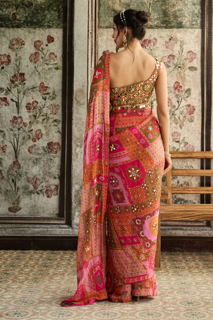 SAGE BUTTA PRINT AND HIGHLIGHTED ONE-SHOULDER BLOUSE WITH YELLOW-FUSCHIA PRE-DRAPED CLASSIC SAREE SET