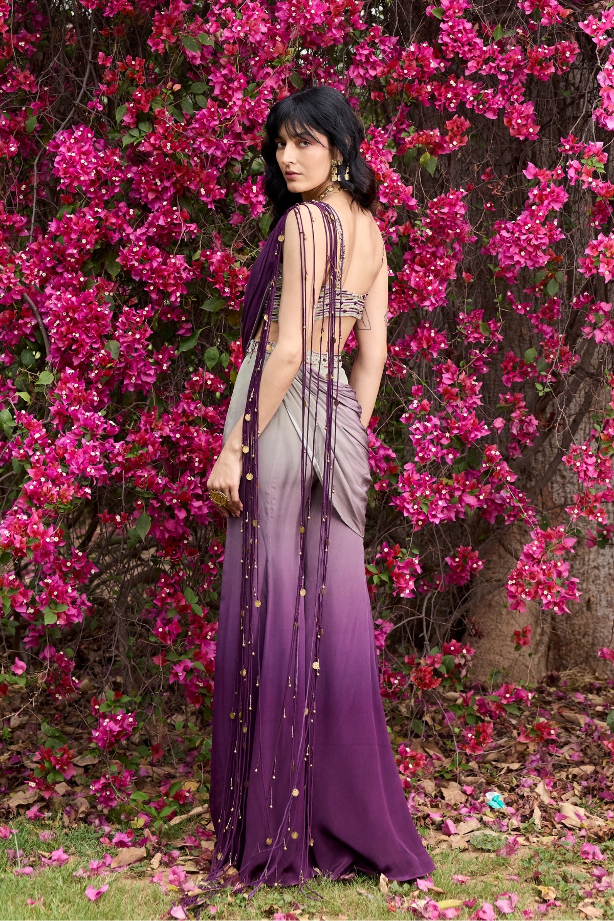 PURPLE-GREY OMBRE TASSELED DRAPE SAREE SET