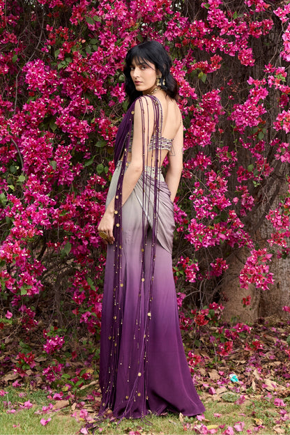 PURPLE-GREY OMBRE TASSELED DRAPE SAREE SET
