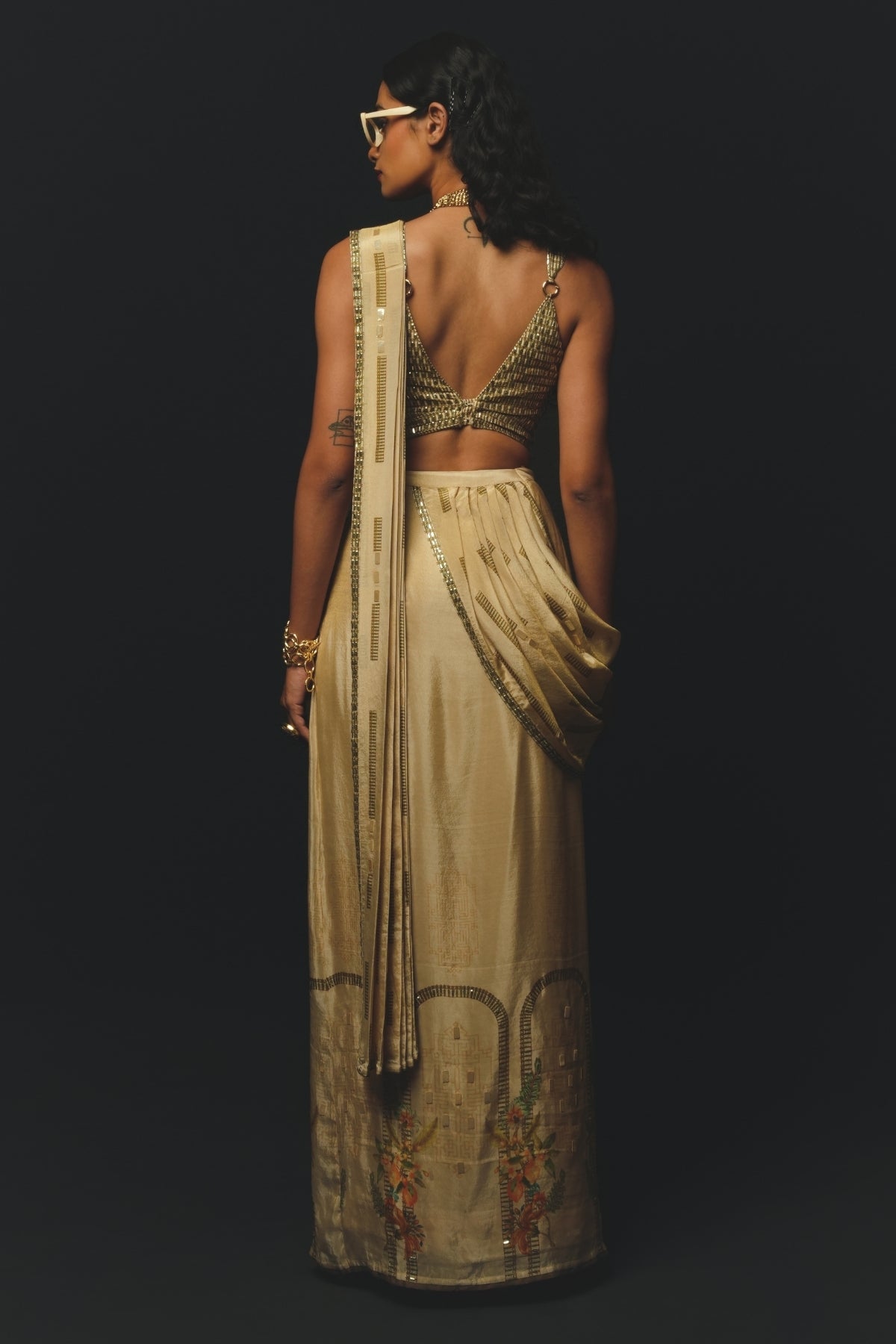 Beige Gajji Satin & Chiffon Pre-Draped Saree Set
