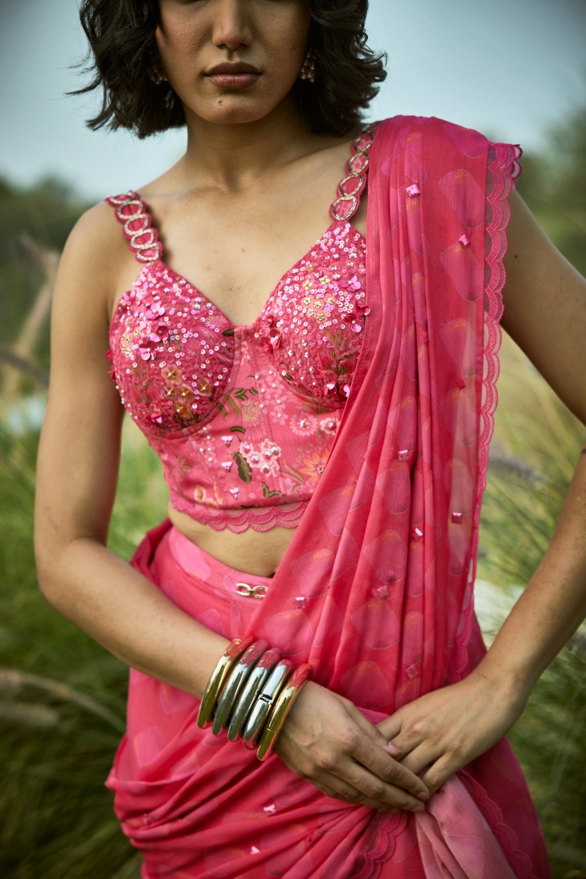 Pink embroided Pre- Draped saree and blouse