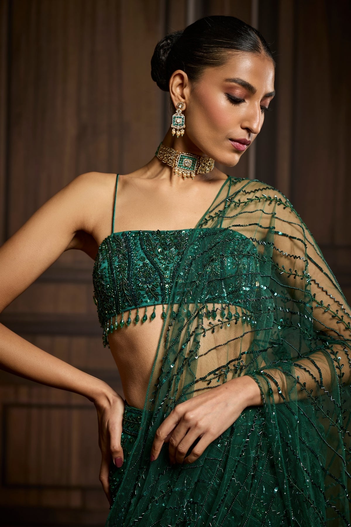 EMERALD GREEN EMBELLISHED BLOUSE AND PRE-DRAPED SAREE SET