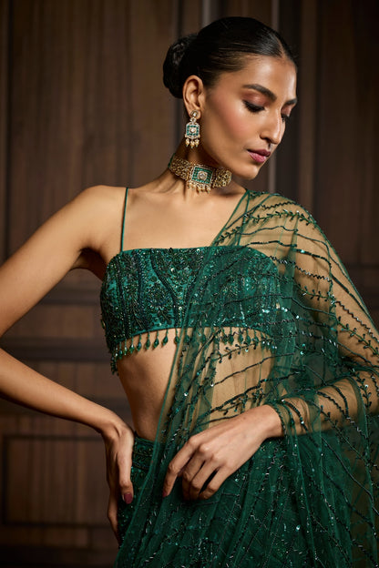 EMERALD GREEN EMBELLISHED BLOUSE AND PRE-DRAPED SAREE SET