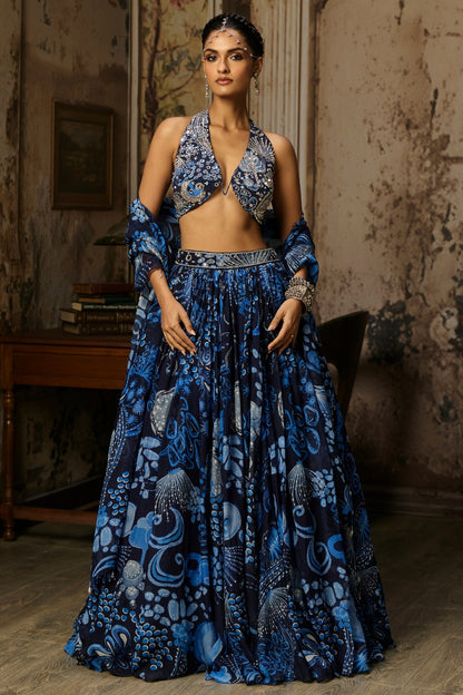 NAVY BLUE PRINTED & HIGHLIGHTED LEHENGA SET