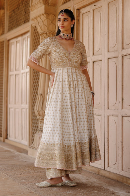 Nafees  - Daisy Ivory Kalidaar Anarkali Set with Palazzo & Dupatta