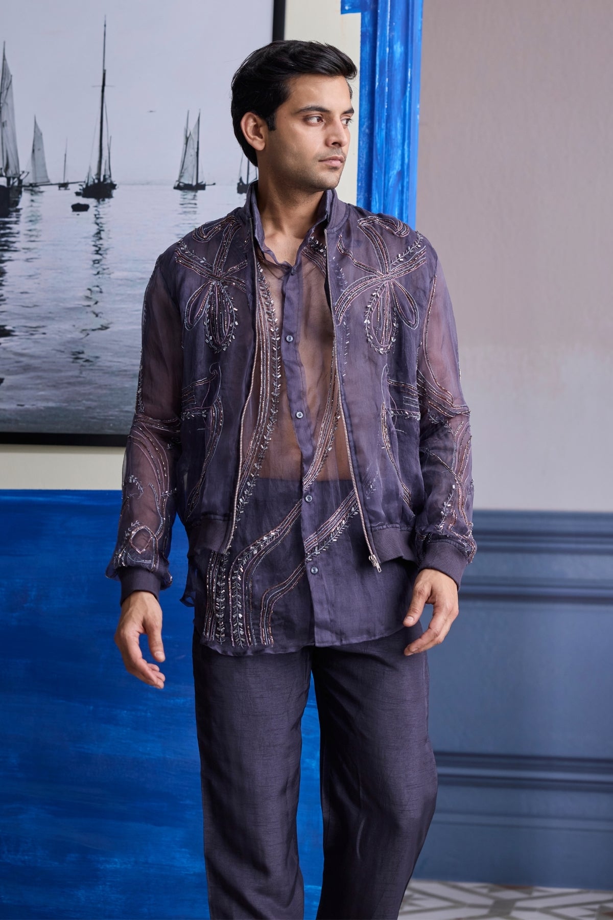 CHARCOL GREY ORGANZA SHIRT WITH EMBROIDERED ORGANZA BOMBER JACKET PAIRED WITH SOLID PANTS