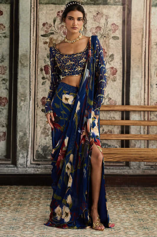 BLUE FLORAL PRINTED SKIRT SAREE SET