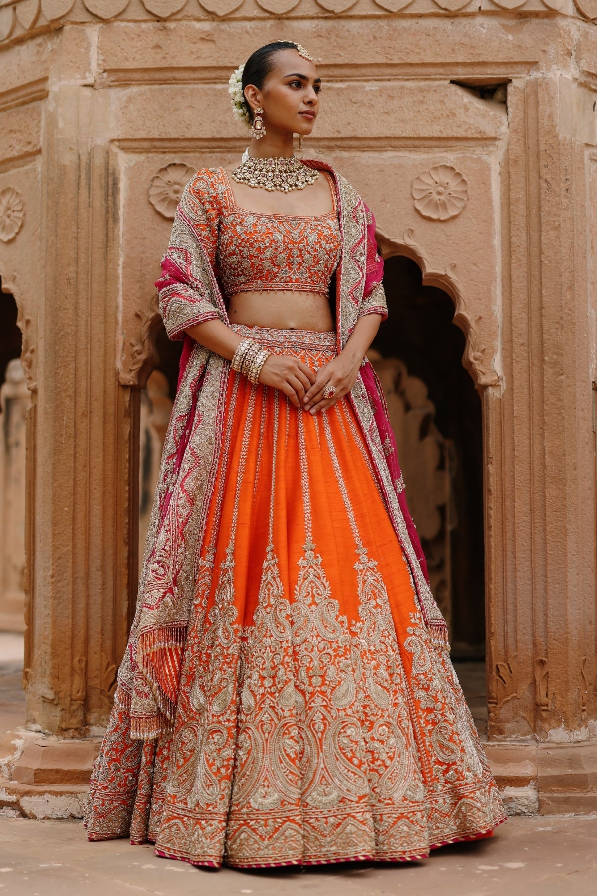 Nagma  - Orange Lehenga Set with Blouse & Hot Pink Dupatta