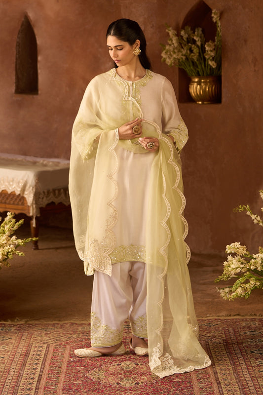 Hani - Daisy Ivory With Mint Green A-line Kurta With Salwar And Dupatta