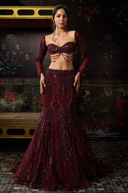MAROON EMBELLISHED MERMAID LEHENAG SET