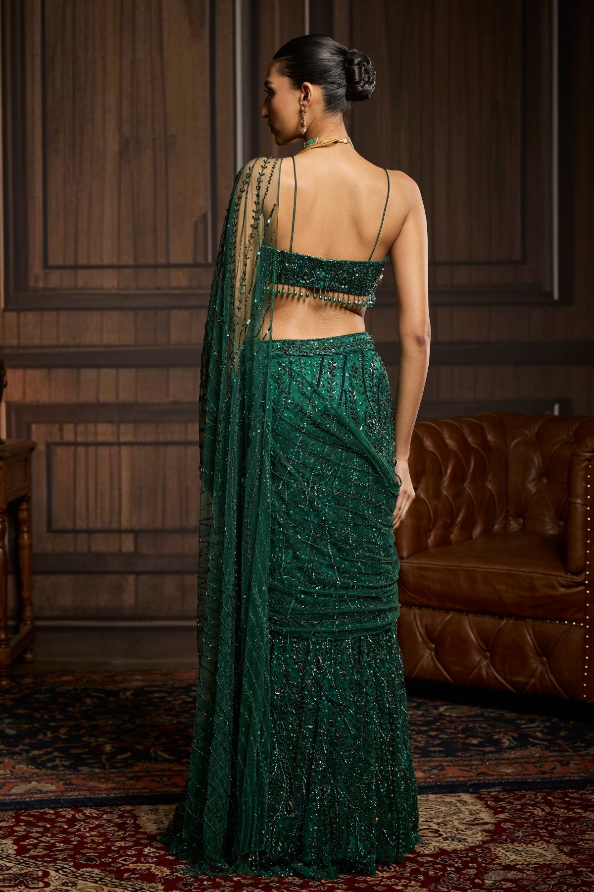 EMERALD GREEN EMBELLISHED BLOUSE AND PRE-DRAPED SAREE SET