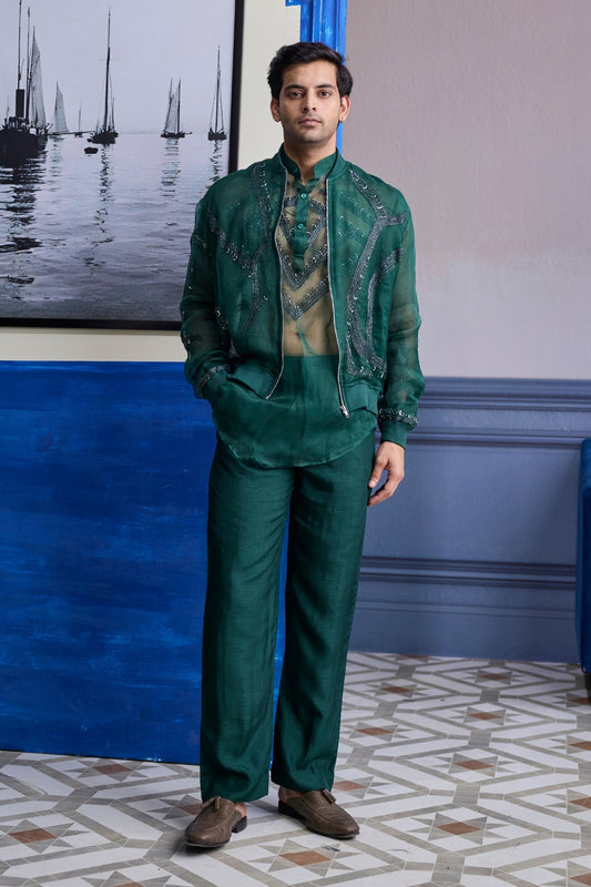 DARK GREEN ORGANZA KURTA WITH EMBROIDERED ORGANZA BOMBER JACKET PAIRED WITH SOLID PANTS