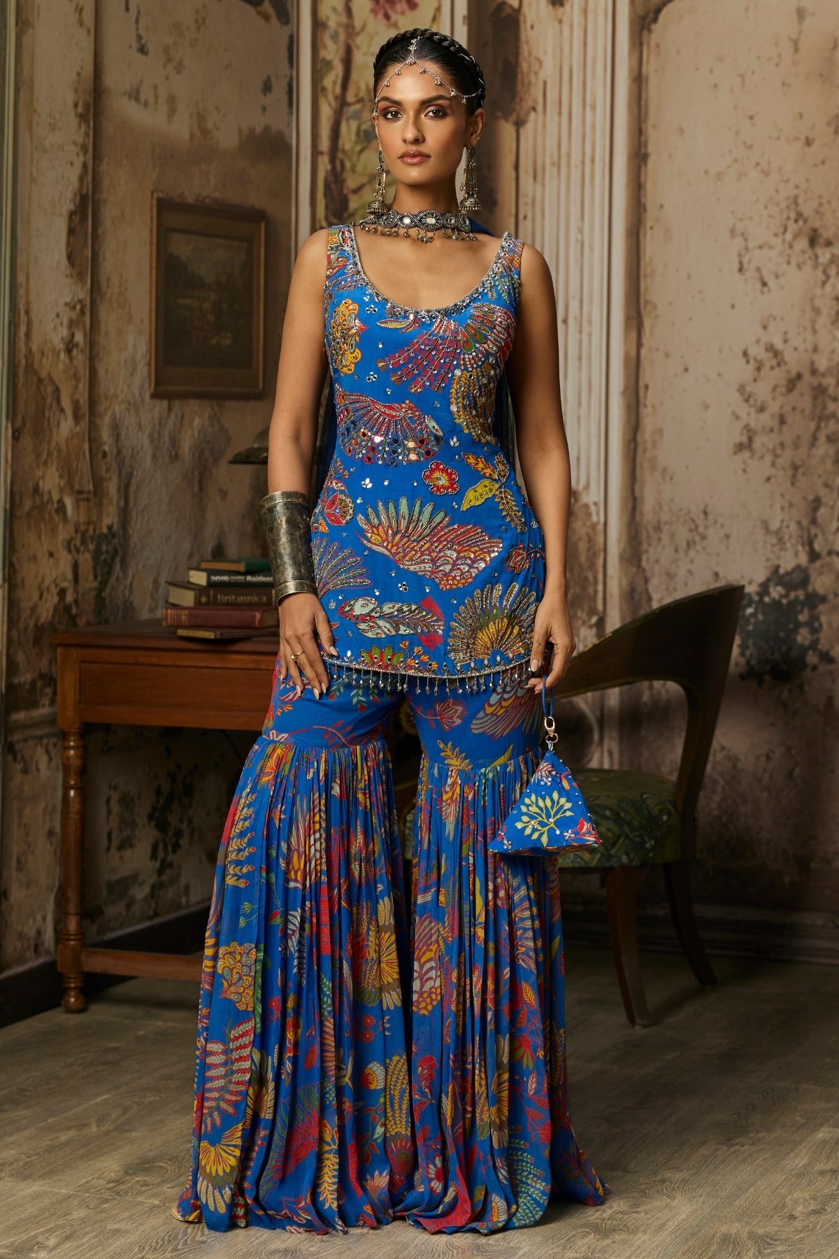 ELECTRIC BLUE PRINTED HIGHLIGHTED KURTI WITH GHARARA SET