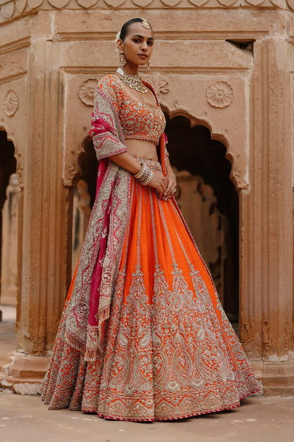 Nagma  - Orange Lehenga Set with Blouse & Hot Pink Dupatta