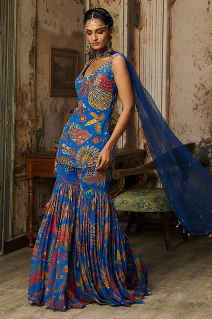 ELECTRIC BLUE PRINTED HIGHLIGHTED KURTI WITH GHARARA SET
