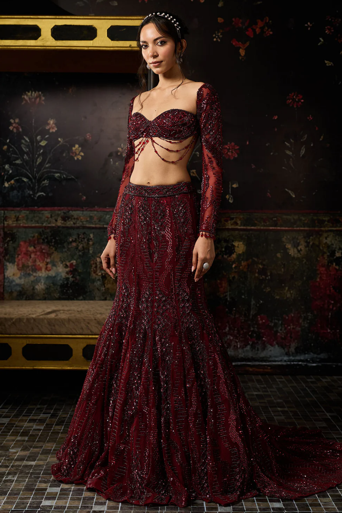 MAROON EMBELLISHED MERMAID LEHENAG SET