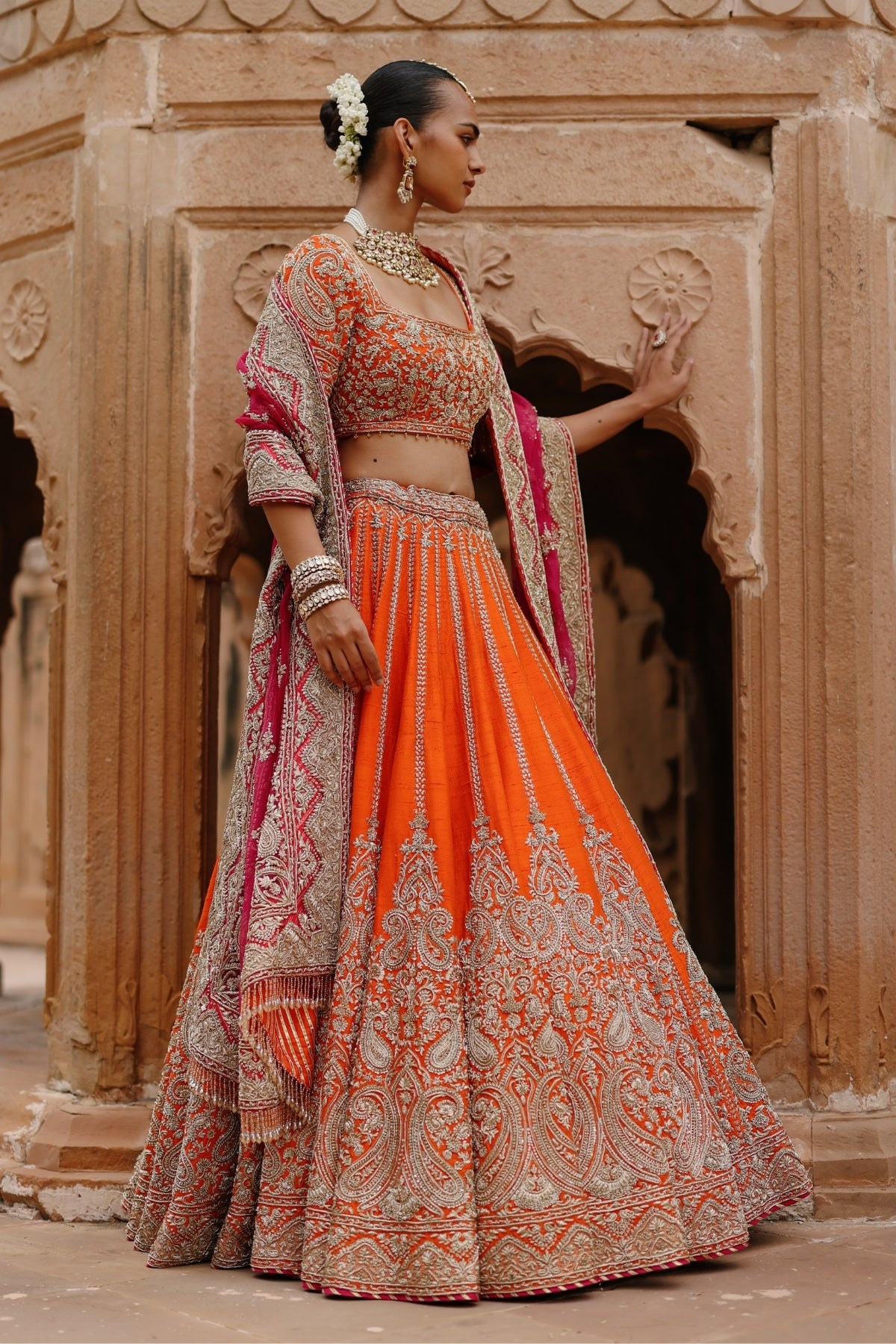 Nagma  - Orange Lehenga Set with Blouse & Hot Pink Dupatta