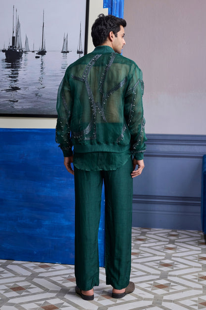 DARK GREEN ORGANZA KURTA WITH EMBROIDERED ORGANZA BOMBER JACKET PAIRED WITH SOLID PANTS