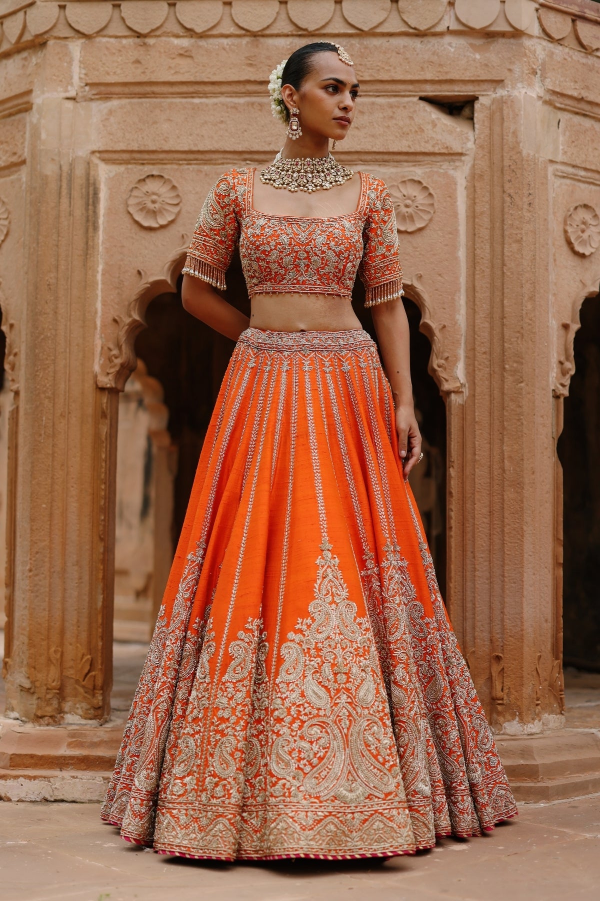 Nagma  - Orange Lehenga Set with Blouse & Hot Pink Dupatta