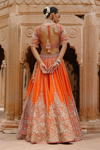 Nagma  - Orange Lehenga Set with Blouse & Hot Pink Dupatta