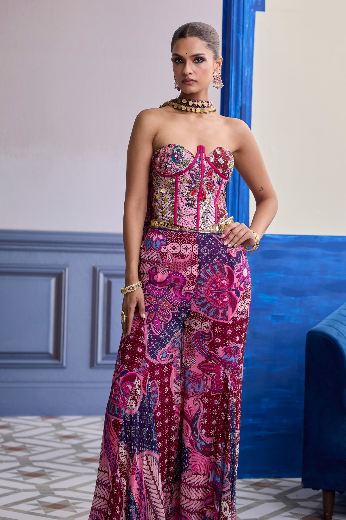 FUCHSIA FLORAL CORSET WITH GODET PANTS & CHOKER DUPATTA SET