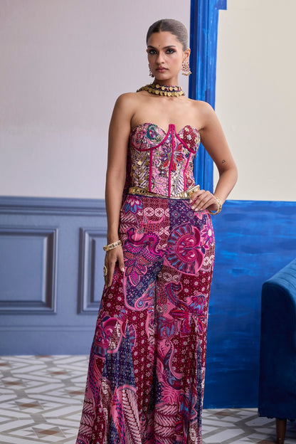FUCHSIA FLORAL CORSET WITH GODET PANTS & CHOKER DUPATTA SET