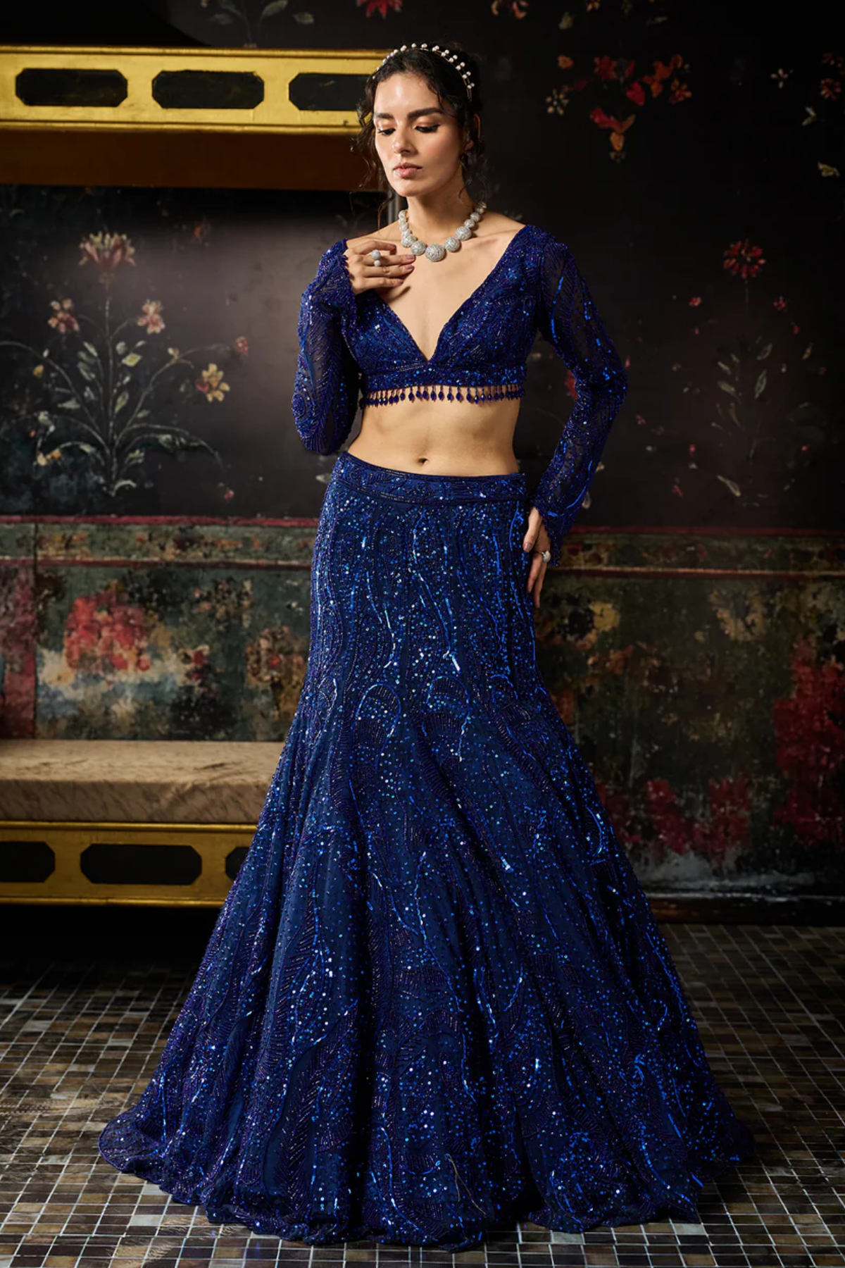 ELECTRIC BLUE EMBELLISHED MERMAID SKIRT SET