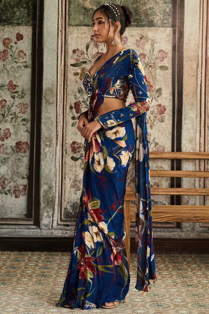 BLUE FLORAL PRINTED SKIRT SAREE SET