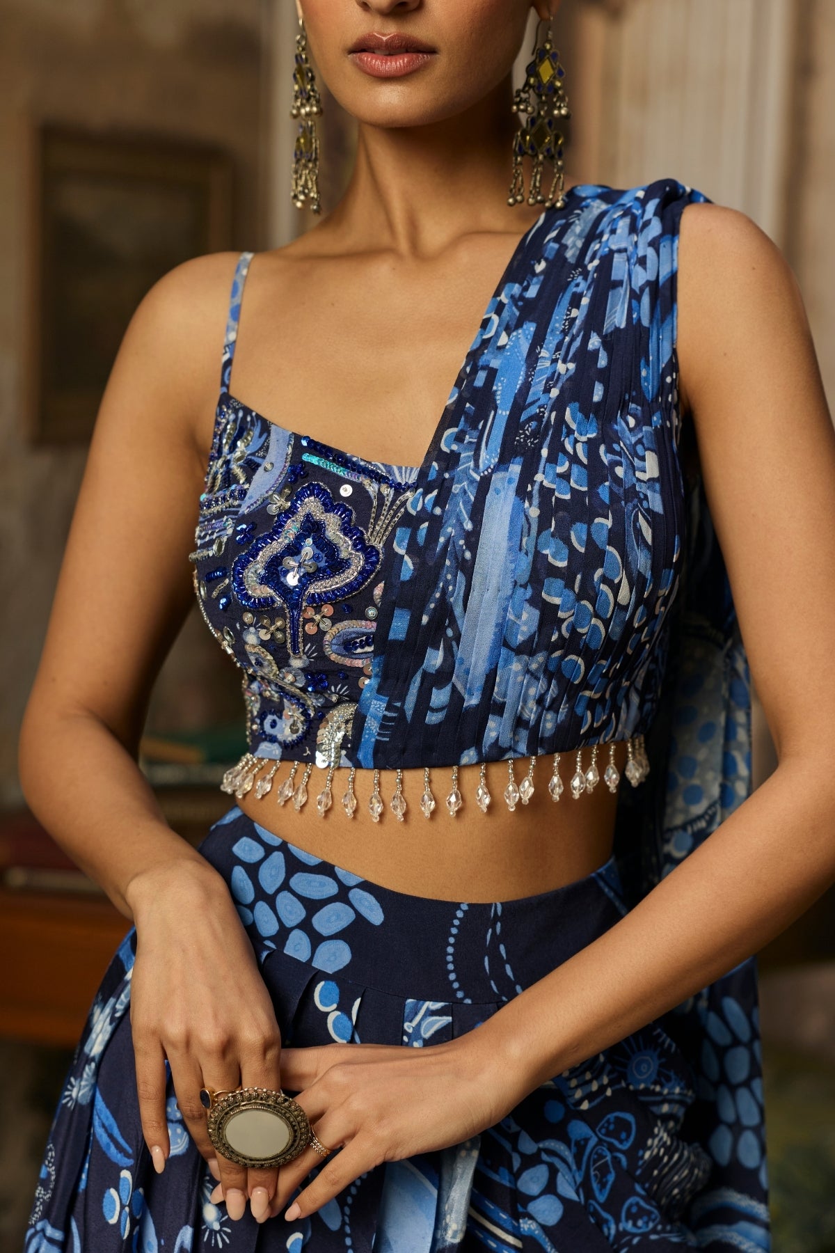 NAVY BLUE PRINTED DRAPE ASYMMETRIC CROP TOP AND SKIRT SET