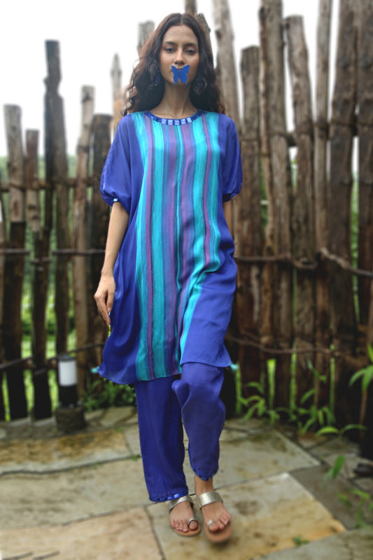 Electric Blue Chinon Chiffon Striped Embroidered Co-Ord Set