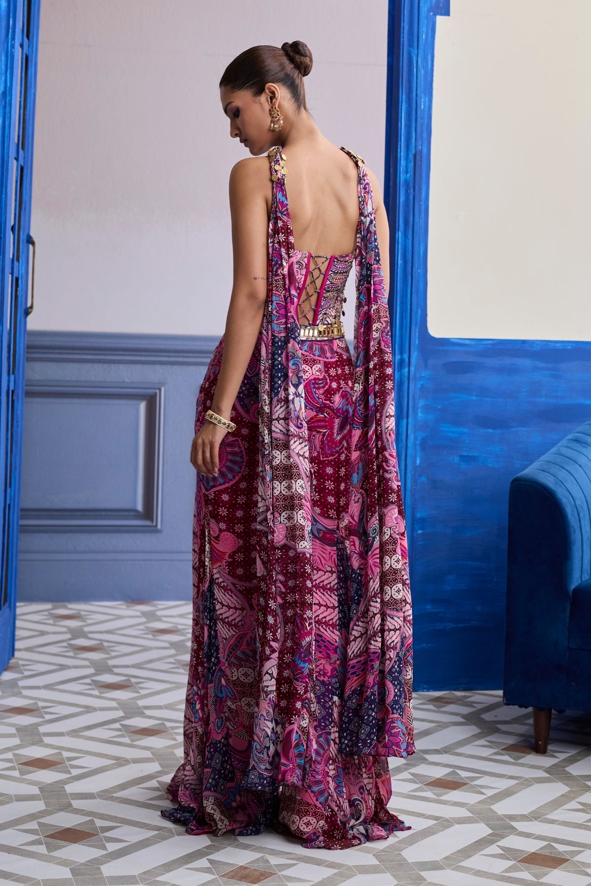 FUCHSIA FLORAL CORSET WITH GODET PANTS & CHOKER DUPATTA SET