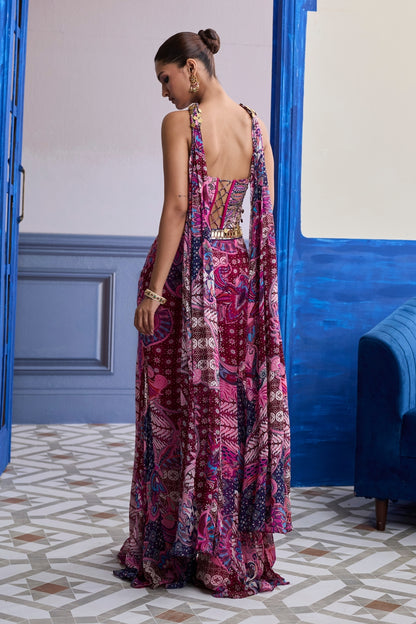 FUCHSIA FLORAL CORSET WITH GODET PANTS & CHOKER DUPATTA SET
